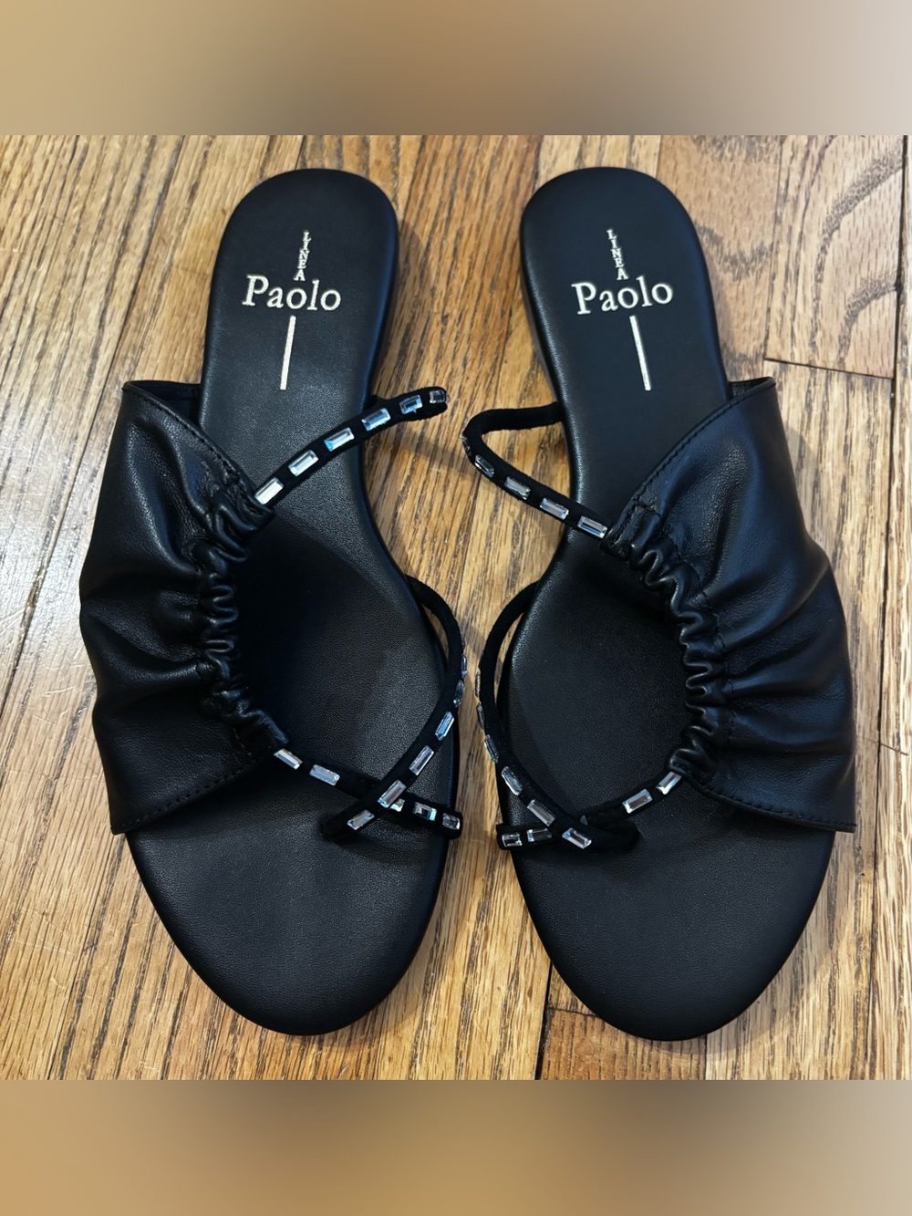 Lines Paolo Black Slide Sandals with Beaded Cross Straps
